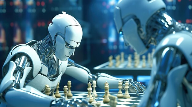 Two robots or cyborgs playing chess