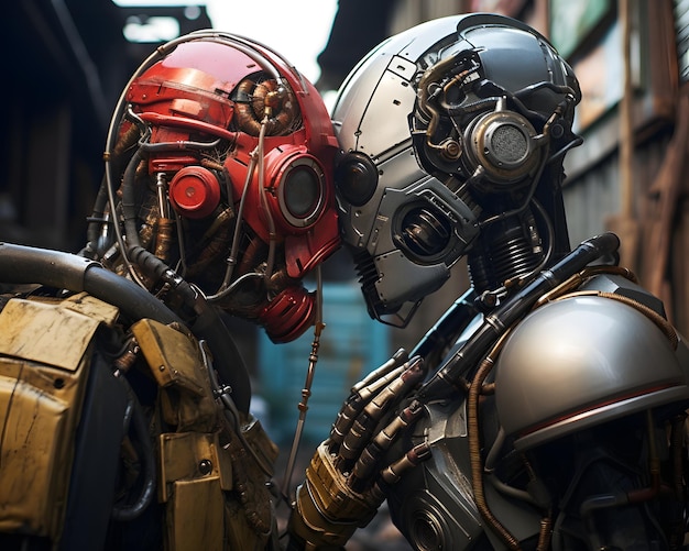 two robots dressed like robots are kissing one another in the style of cyberpunk dystopia