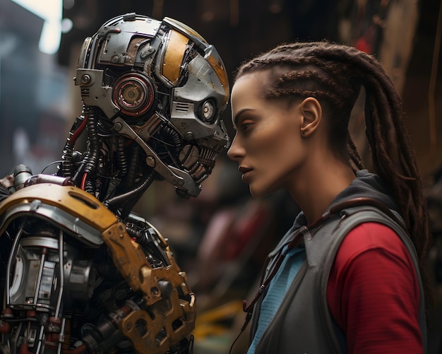 два робота, одетые как роботы, целуют друг друга в стиле киберпанк-антиутопии
