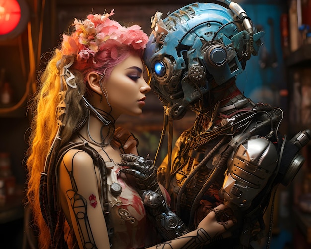 two robots dressed like robots are kissing one another in the style of cyberpunk dystopia