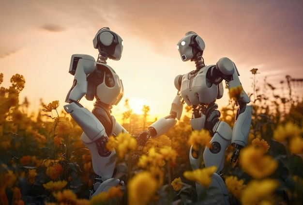 Два робота в цветочных полях дружба любовь концепция искусственного интеллекта
