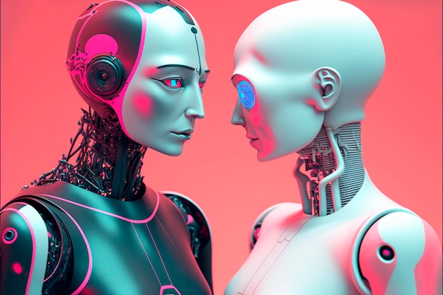 恋に落ちた 2 台のロボットが向かい合って目と目を合わせる