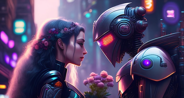 Two robots in love look at each other and give flowers