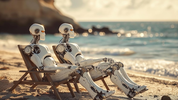 Photo two robots sitting on beach enjoying the view of the ocean waves