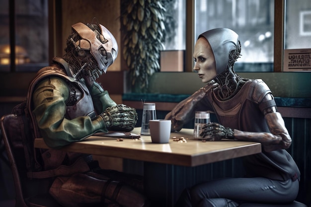Два робота, сидящие за столом, гуманоидные ИИ-андроиды в кафе, генеративный ИИ