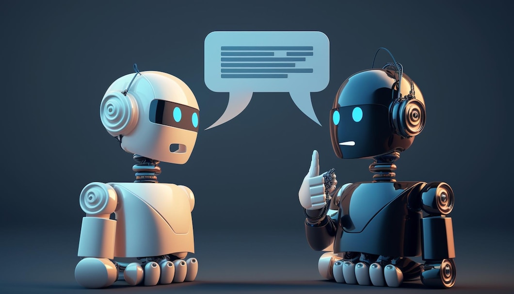 Premium Photo Two robots talking to each other, one of which says'robot