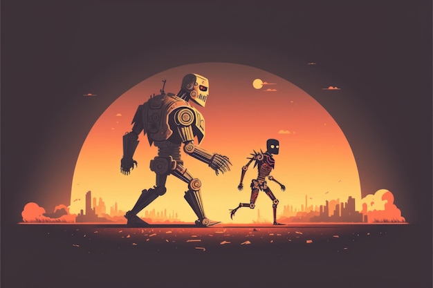 Two robots together in the post apocalyptic city Beautiful colorful illustration Vector style Generative AI
