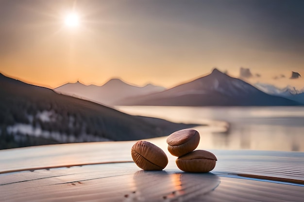 Two rocks on a table with a mountain in the background