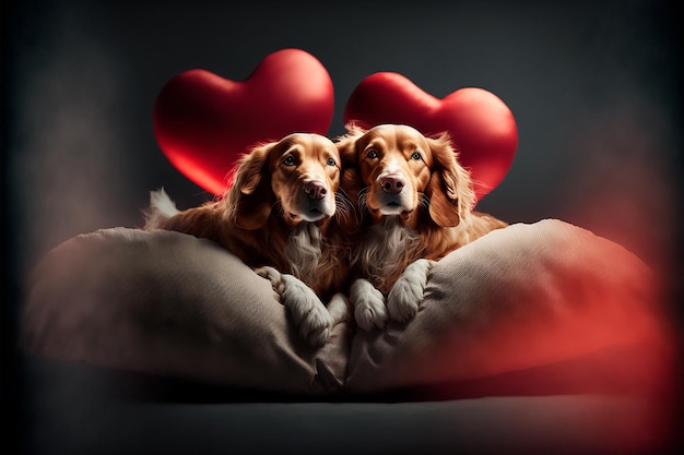 주위를 날아다니는 붉은 심장 모양의 베개 하트 아이콘 위에서 자고 있는 낭만적인 개 두 마리