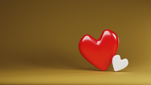 two romantic hearts on a golden background valentines day web banner or template 3d rendering