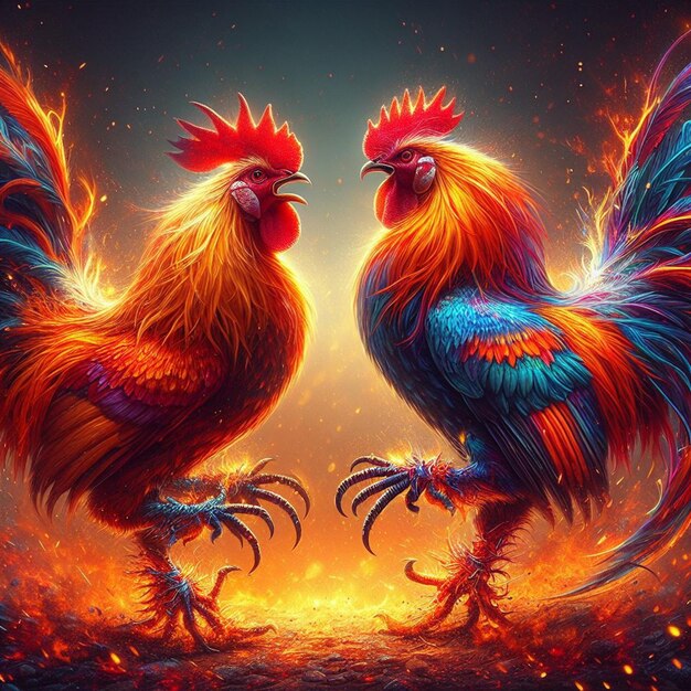 two roosters are standing in front of a fire that has flames on it