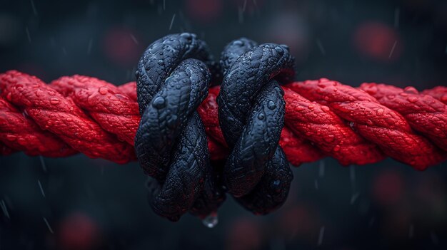 Photo two ropes of red and black tied into a knot