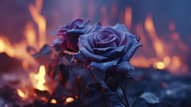 2つのバラは火の前にある そしていくつかの炎は