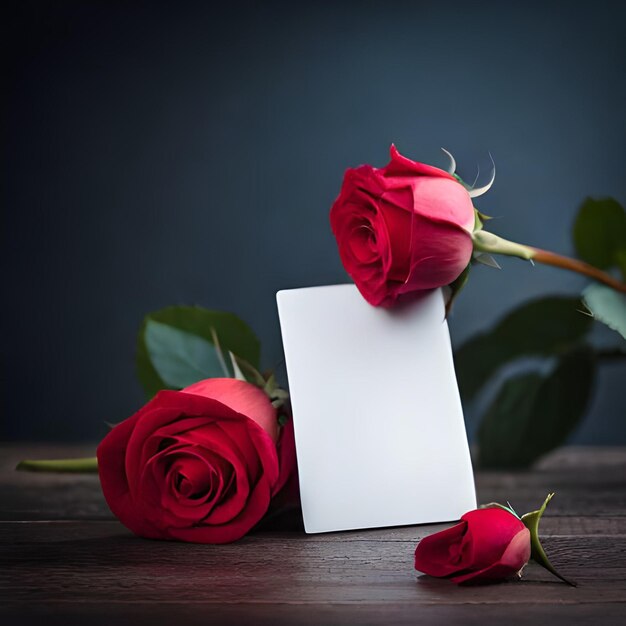 Two roses next to a blank white card