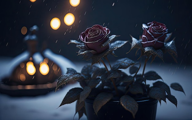 Two roses in a pot in the snow