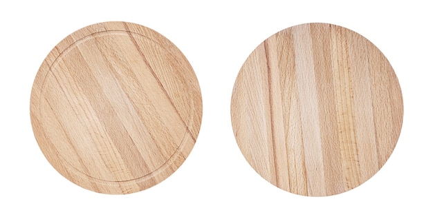 Two round cutting boards of light hardwood isolated on white