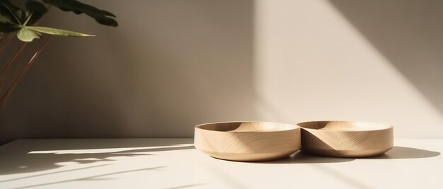 Two round wooden plate tray with grain on white table counter in sunlight Generative ai