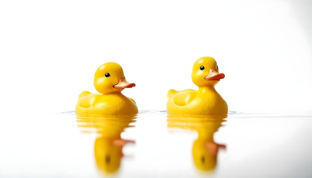 two rubber ducks swimming the water on a white background