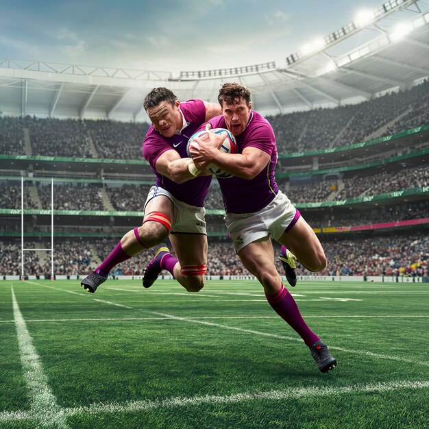 Two rugby players fight for the ball in flight on professional rugby stadium