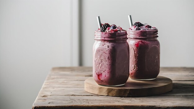 Photo two rustic jars with fresh blended smoothie from yogur berries and ice isolated on wooden table an