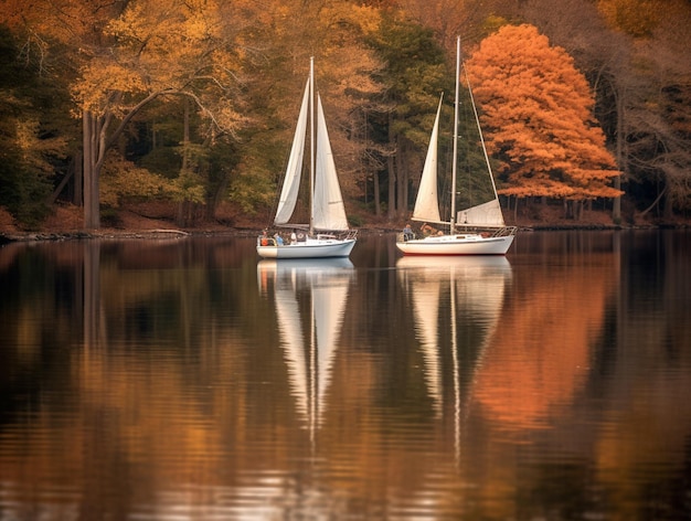 Two sailboats are floating on a lake in the fall generative ai