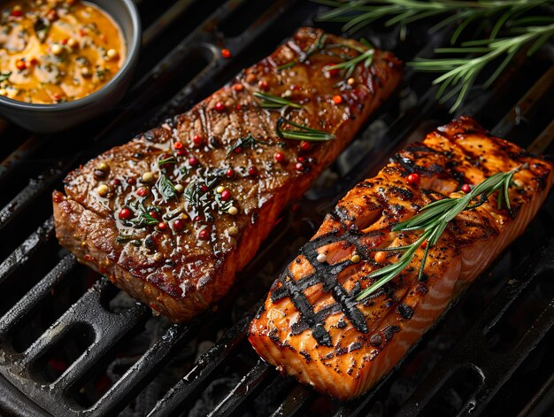 Two salmon steaks on a grill with rosemary