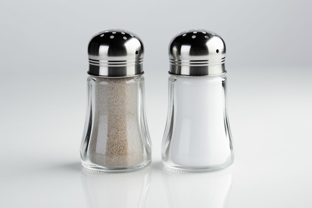 Two salt and pepper shakers with one that says " salt " on it.