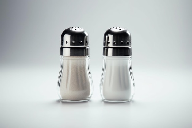 Photo two salt and pepper shakers with one that says 