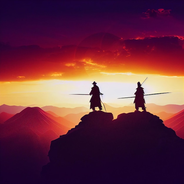 Two samurai on the peak of the mountain at sunset