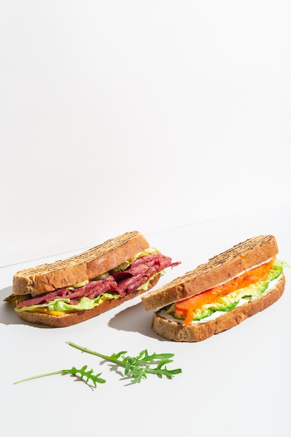 Two sandwiches with salmon ham cheese and salad on grey dark shadow high quality photo