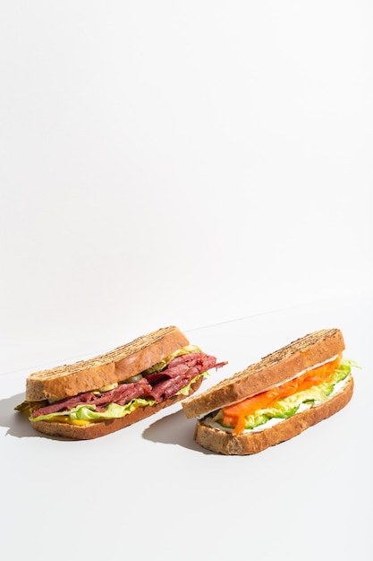 Two sandwiches with salmon ham cheese and salad on grey dark shadow high quality photo