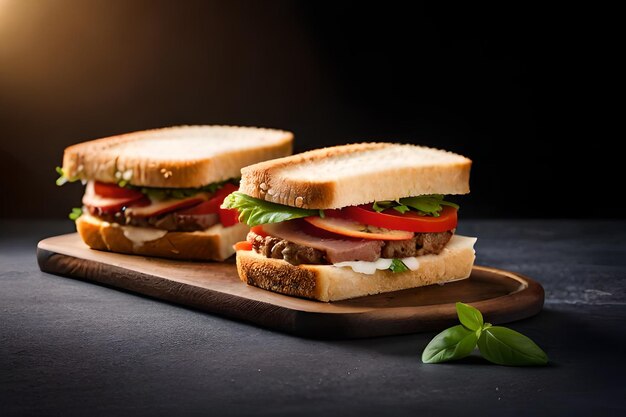 Two sandwiches on a wooden board with basil on the side