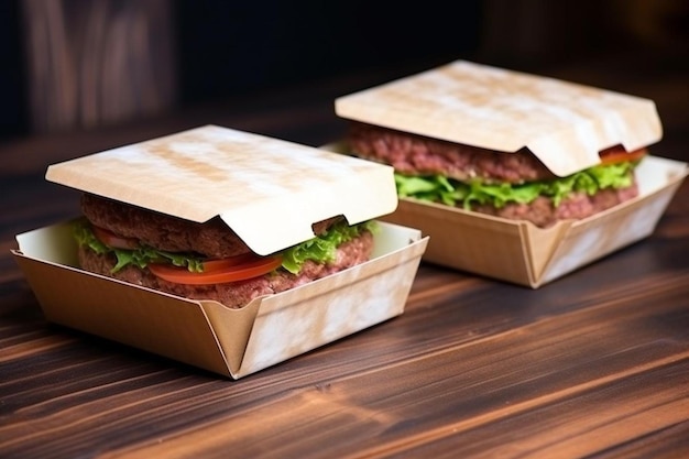 Photo two sandwiches in a wooden box with a wooden box that sayslettuceon it