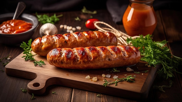 Two sausages on a cutting board with a jar of tomato sauce on the side.