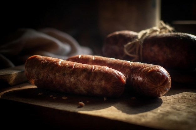 Two sausages on a table with a towel on the table