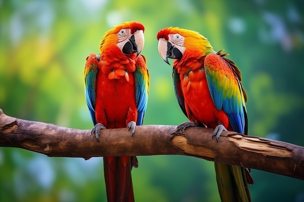 two scarlet macaws on a branch