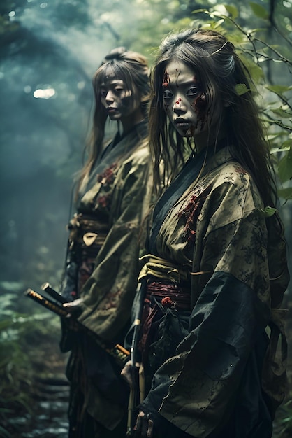 Two scary zombie girls in the forest Halloween vibes