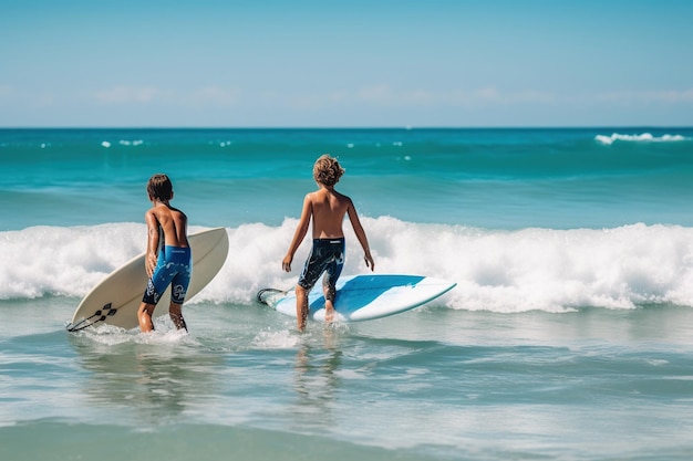 Two school boy surfers going for water surfing