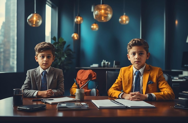 Два школьника сидят за столом в офисе мальчик одет в желтый пиджак и б