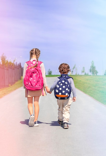 Two schoolchildren with backpacks go to school on the way. Back view