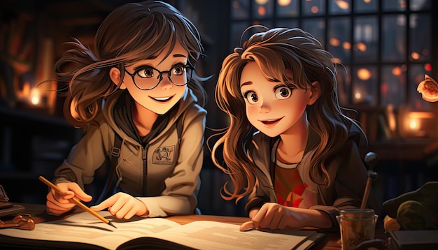 two schoolgirls working together on a assignment in the classroom