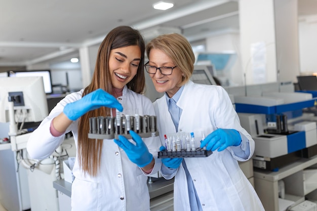 두 명의 과학자가 실험실에서 일하고 있다 젊은 여성 연구원과 그녀의 선임 감독관이 시험관으로 조사를 하고 있다