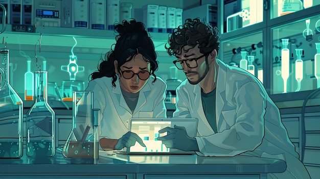 Two scientists collaborating in a modern lab at night focused team studying samples digital illustration of scientific research AI
