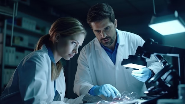 Two scientists in lab coats look at a microscope.