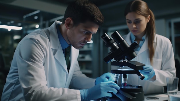 Two scientists looking at a microscope