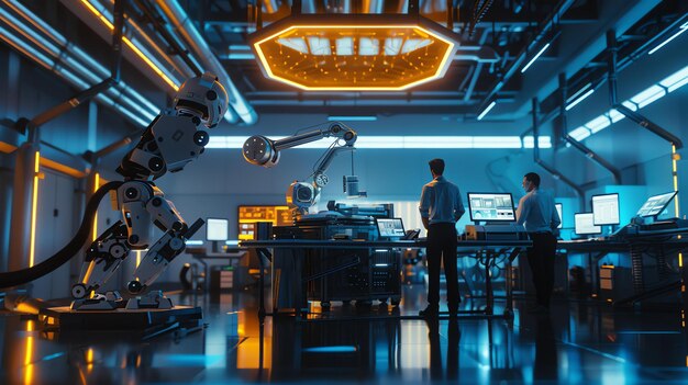 Photo two scientists in a modern laboratory with a robot the scientists are wearing lab coats and safety glasses the robot is white and has a metal arm