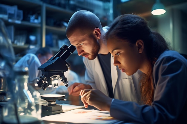 Photo two scientists using microscope in a lab in the style of vibrant colourism