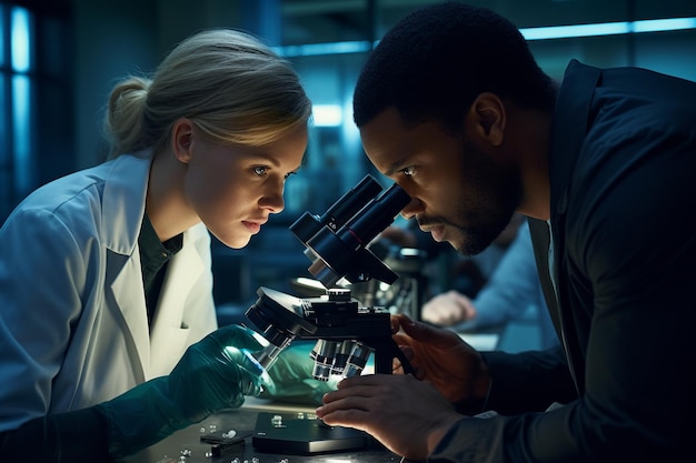 two scientists using microscope in a lab in the style of vibrant colourism
