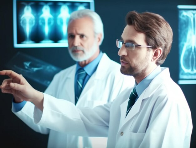 Two scientists in white coats are talking in a lab.