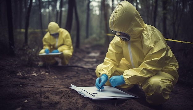 Two scientists in yellow workwear analyzing pollution generated by AI